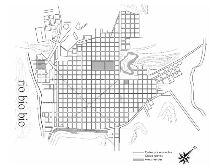 Mapa dibujado por Obras Públicas que muestra la propuesta de Concepción con cuatro diagonales que partían en la Plaza de la Independencia | Foto: Captura de Pantalla