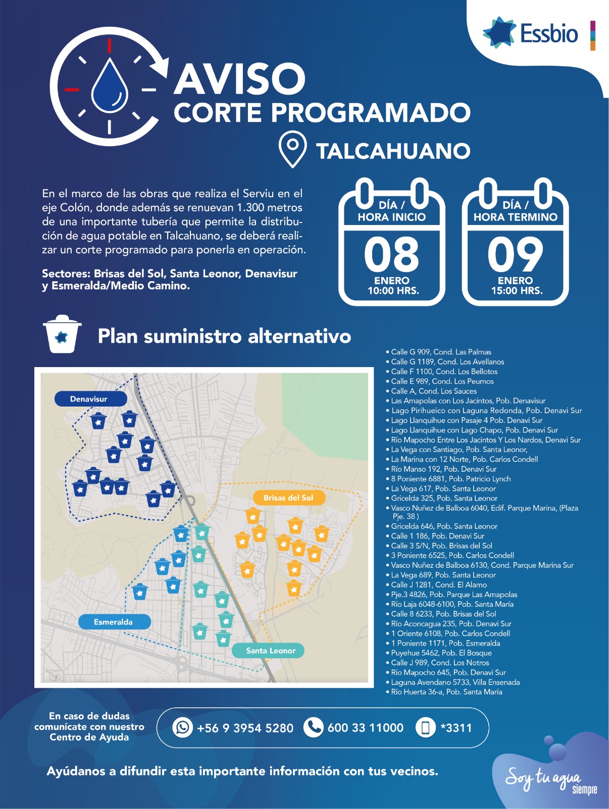 Corte de agua Talcahuano enero 2026