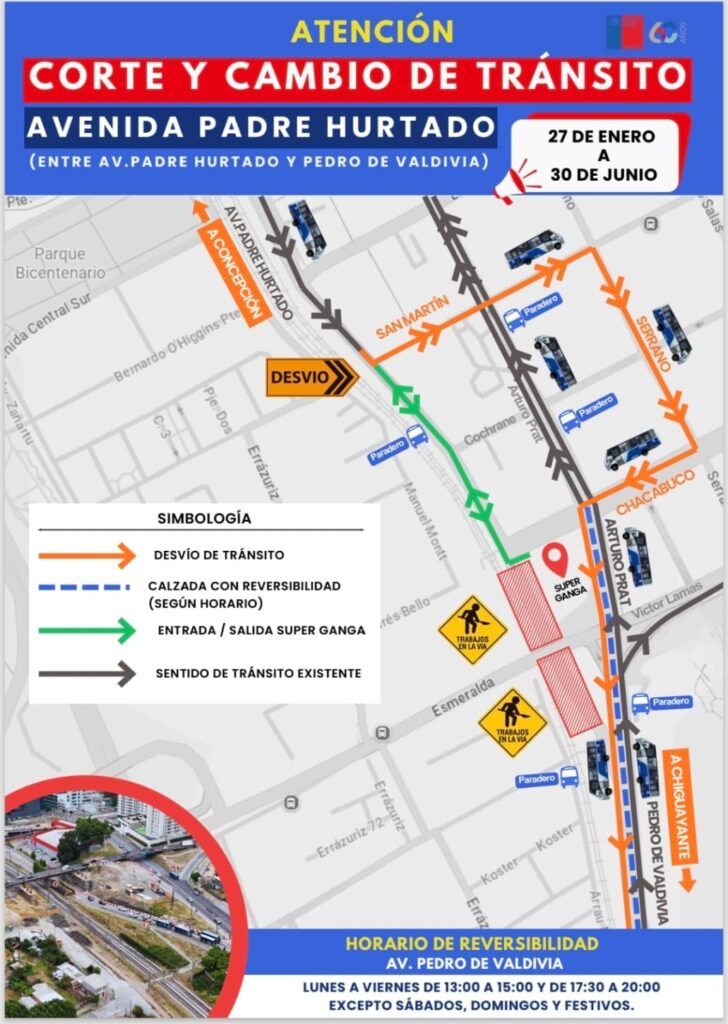 Corte tránsito desvío Padre Hurtado